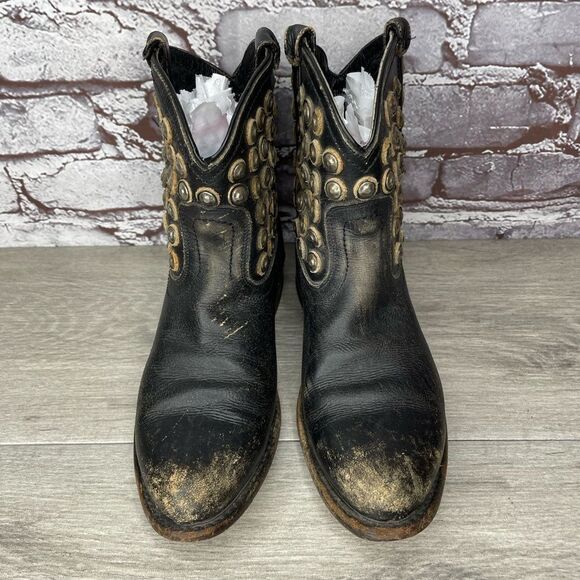 FRYE Jenna Disc Short Black Distressed Leather Rivet Stud Boots Women 6B US/36.5 - Picture 3 of 15